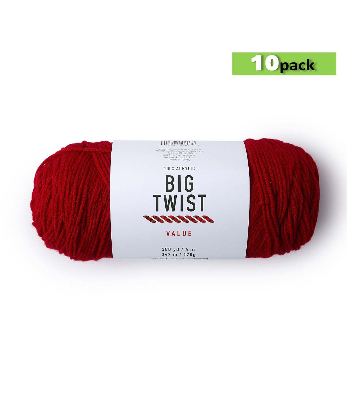 10pk Solid Deep Red Medium Weight Acrylic 380yd Value Yarn by Big Twist
