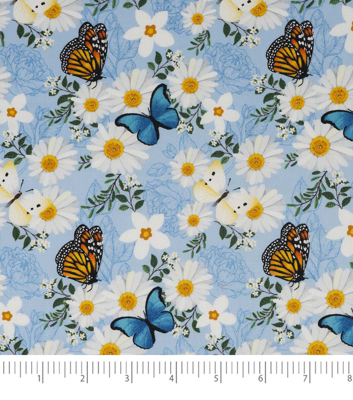 SINGER Daisies & Butterflies on Blue Quilt Cotton Fabric