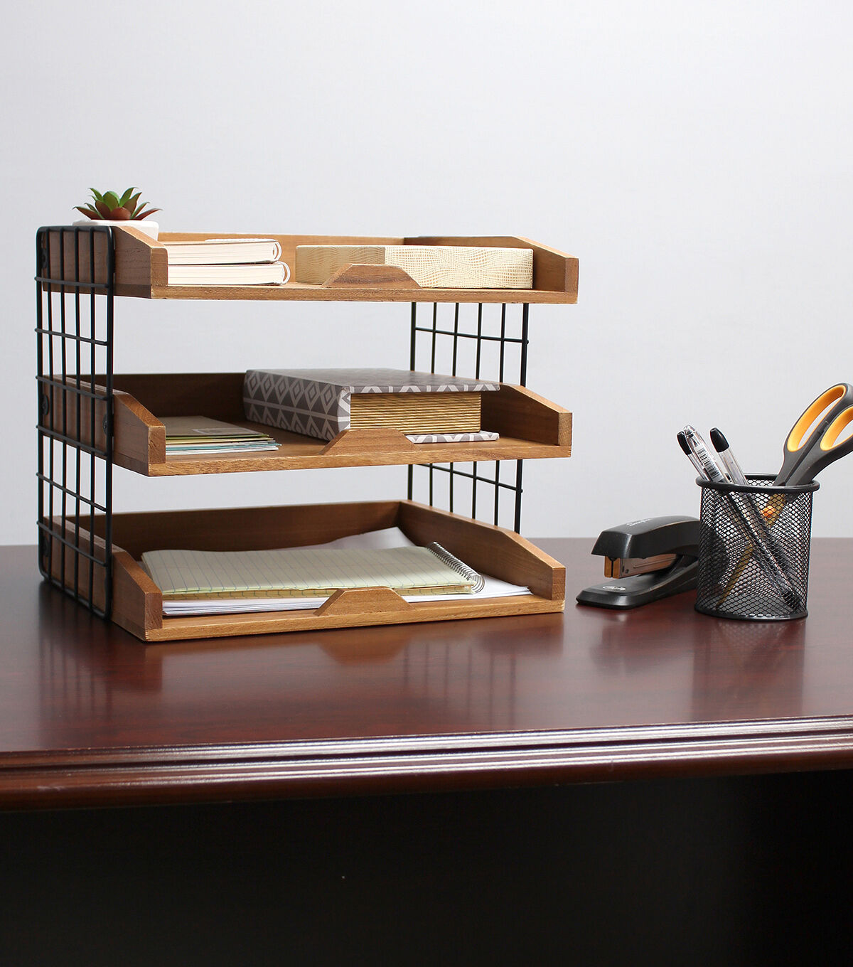 All The Rages Home Office Desk Organizer with 3 Shelves Natural Wood