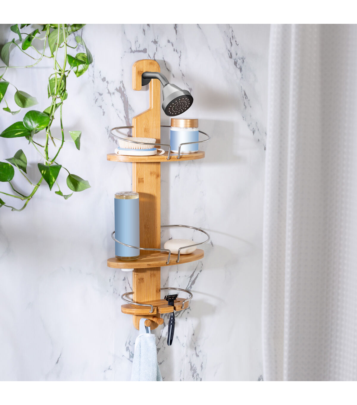 Honey Can Do 11.5 Natural & Chrome 3 Tier Bamboo Shower Caddy 10lbs