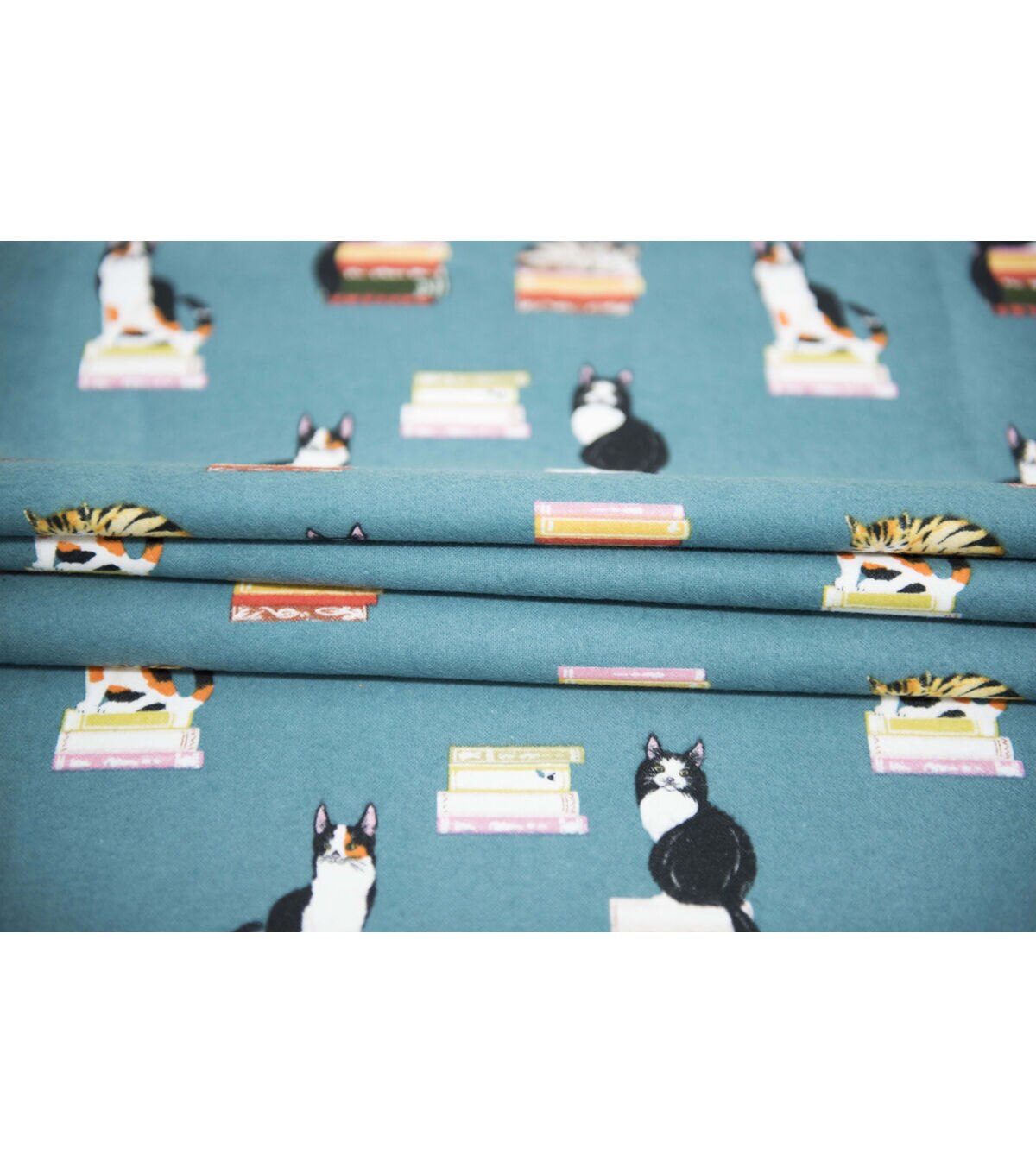 Teal Cats Standing On Books Super Snuggle Flannel Fabric By POP!