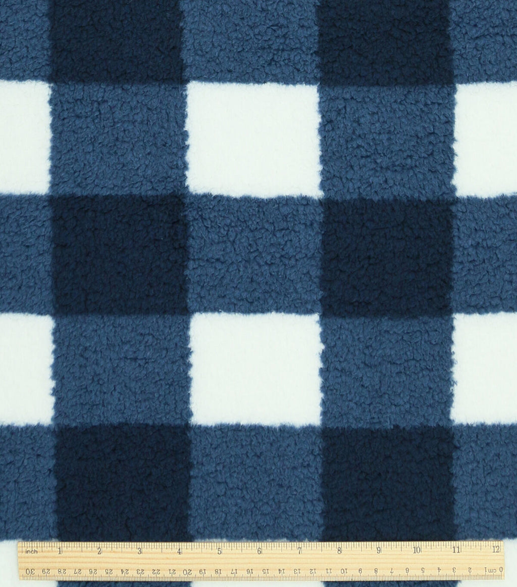 Navy Gingham Sherpa Fleece Fabric