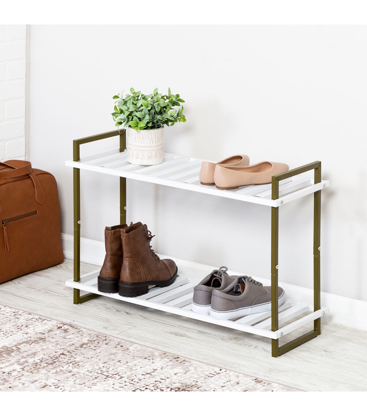 Honey Can Do 30 x 20 Olive & White 2 Tier Metal Shoe Rack