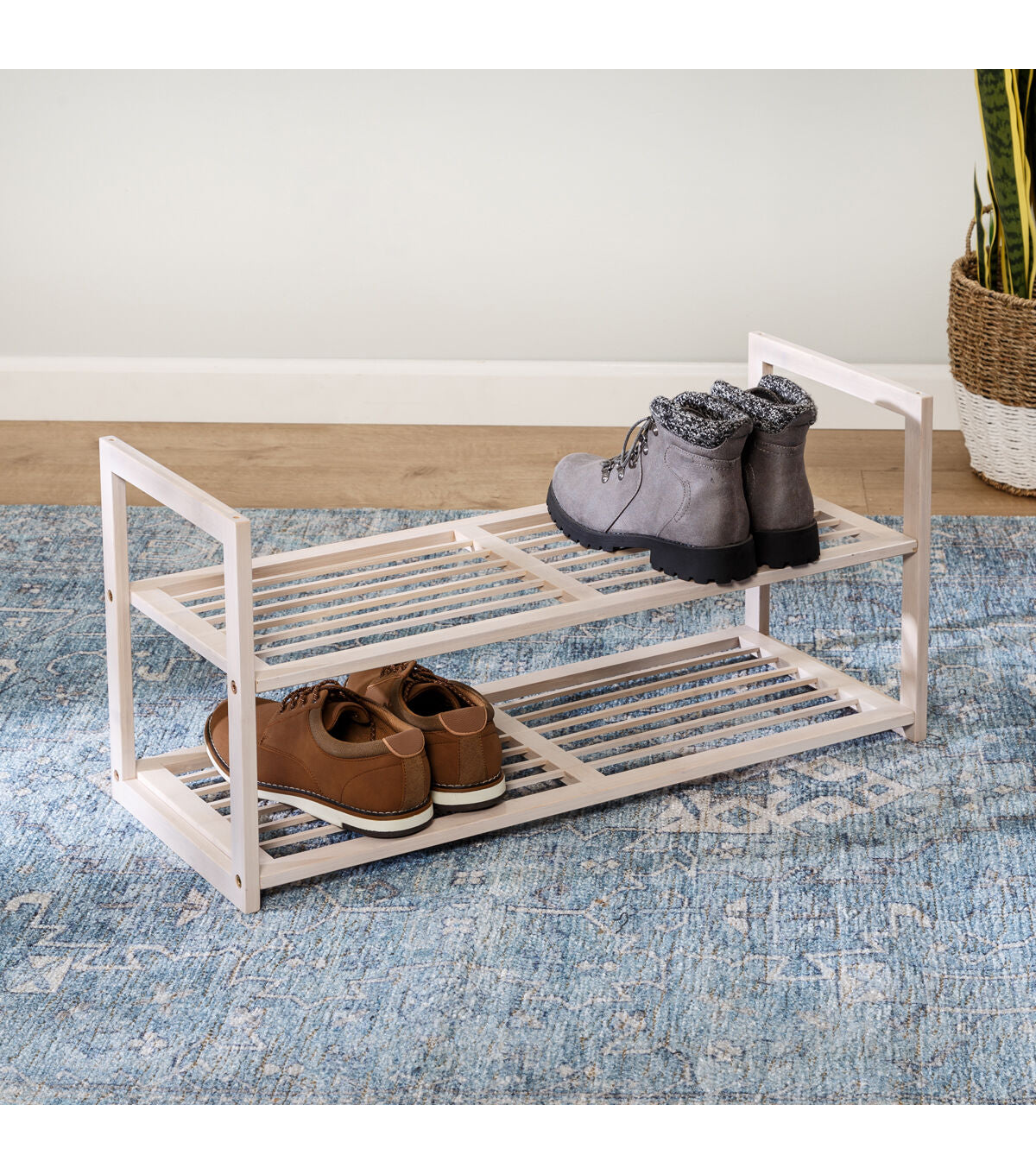 Honey Can Do 28 White Wash 2 Tier Stackable Bamboo Shoe Rack 30lbs