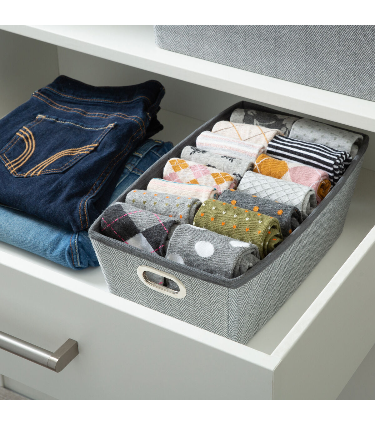 Simplify 13 x 7 Gray Herringbone Grommet Shelf Tote