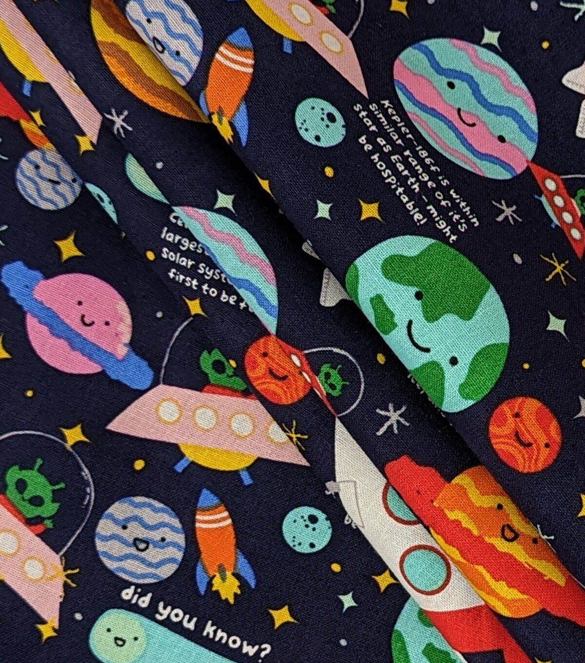 Outer Space Friends On Black Novelty Cotton Fabric by POP!