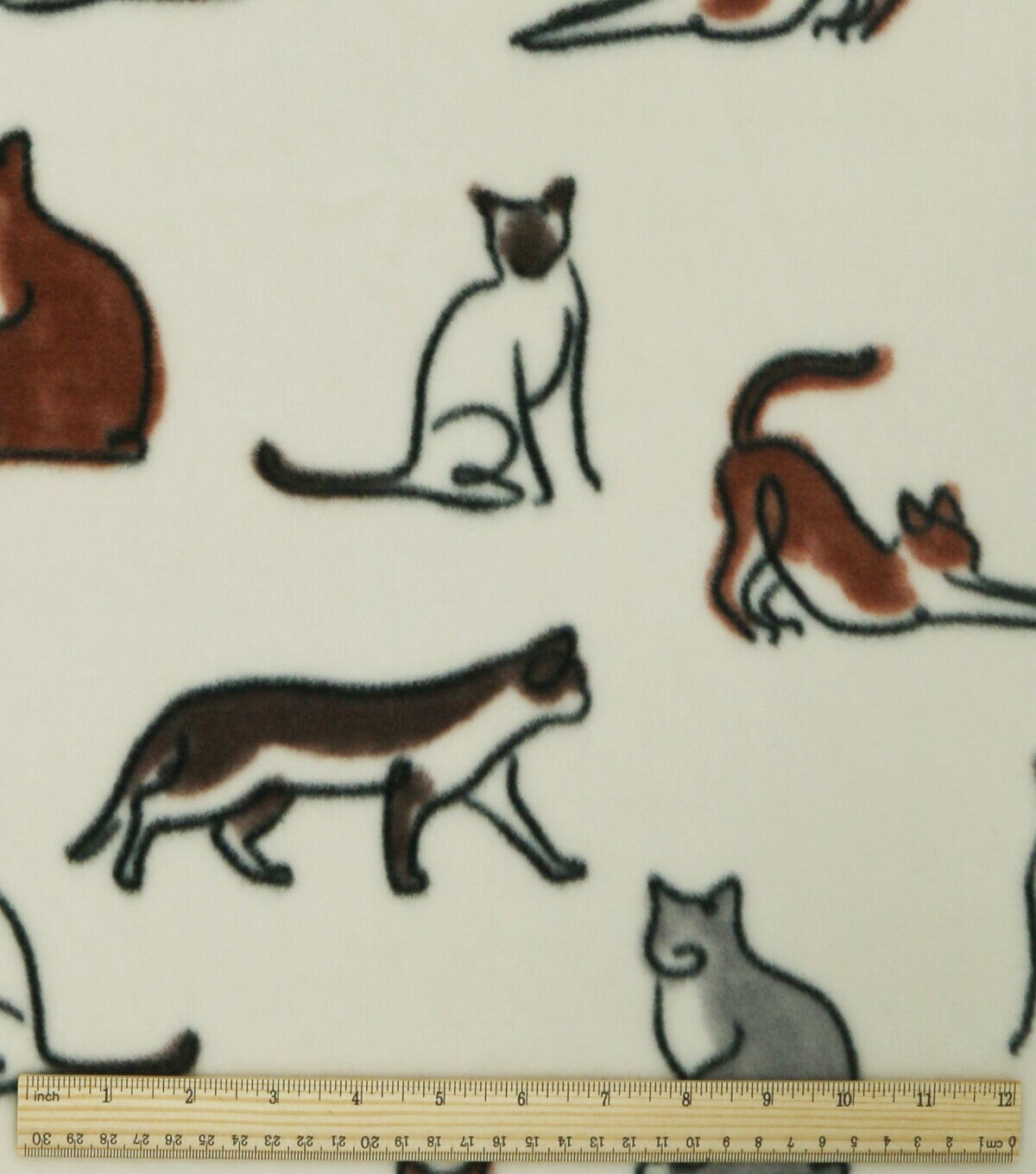 Multiple Sketched Cats on Ivory Anti Pill Fleece Fabric