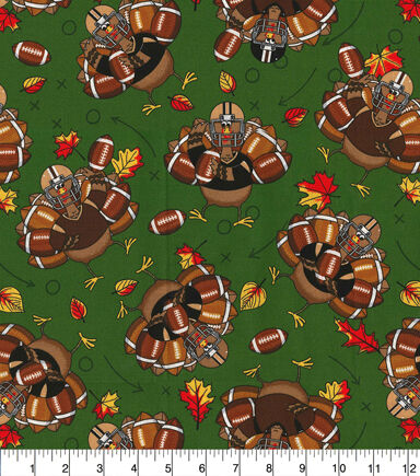 Fall Football Turkeys on Green Cotton Fabric
