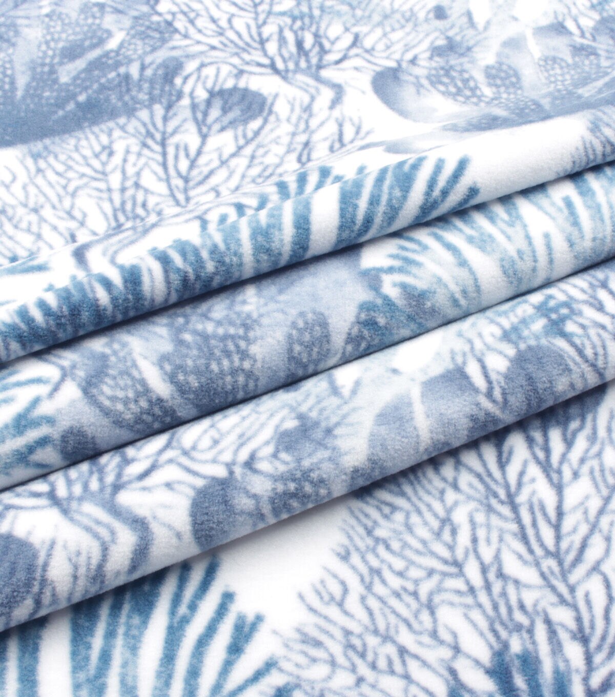 Blue Coral on White Anti Pill Fleece Fabric
