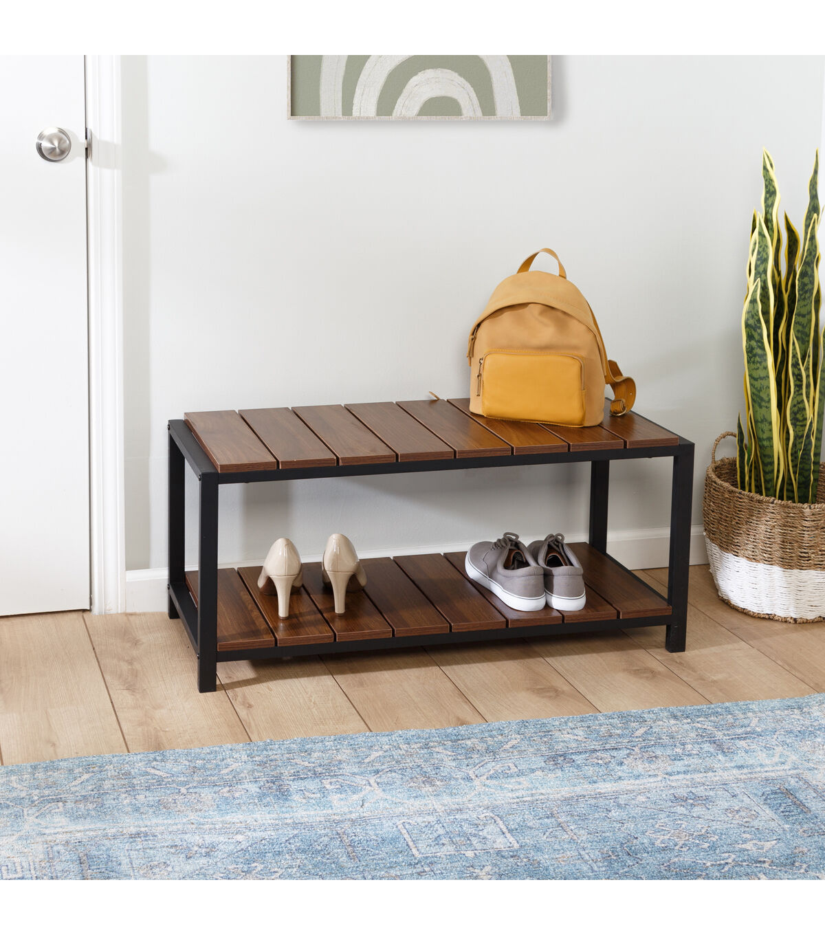 Honey Can Do 34 x 18 Walnut & Black 2 Tier Shoe Storage Bench