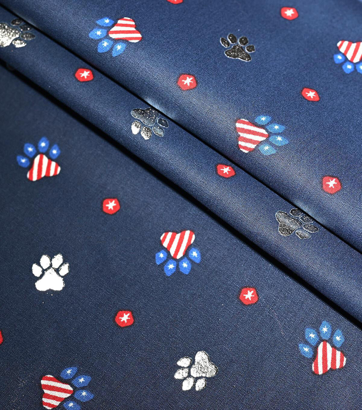 Navy Paw Prints Patriotic Foil Cotton Fabric