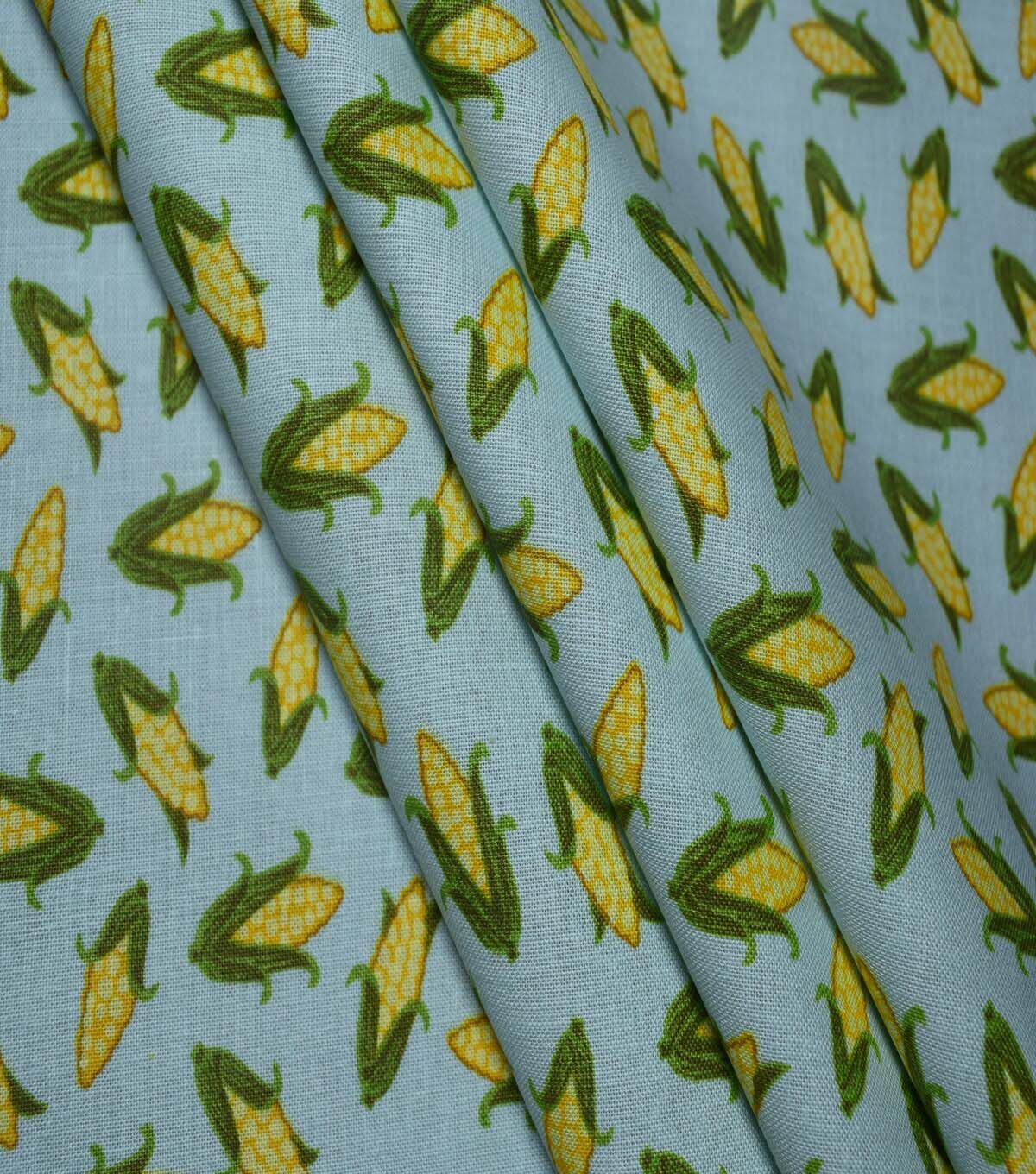 Garden Corn on the Cob on Blue Cotton Fabric by Quilter's Showcase