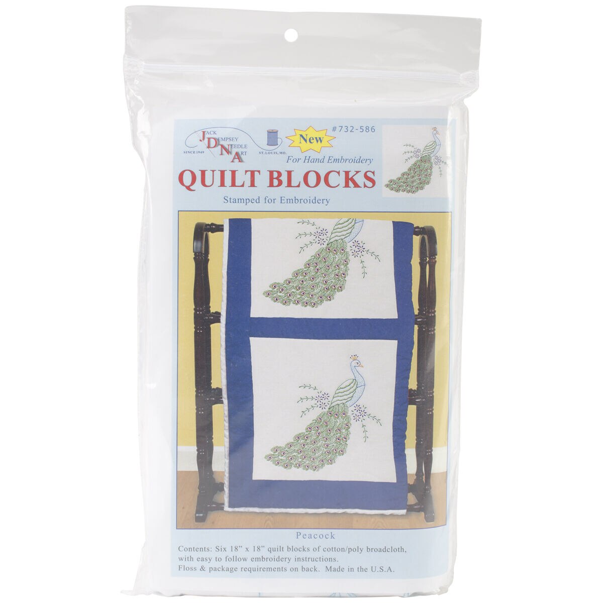 Jack Dempsey 18 Peacock Stamped Quilt Blocks 6pk