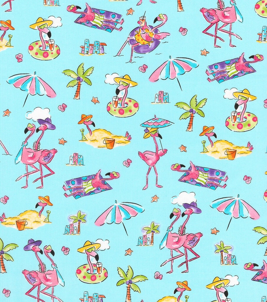 Robert Kaufman Novelty Cotton Fabric Flamingos On The Beach