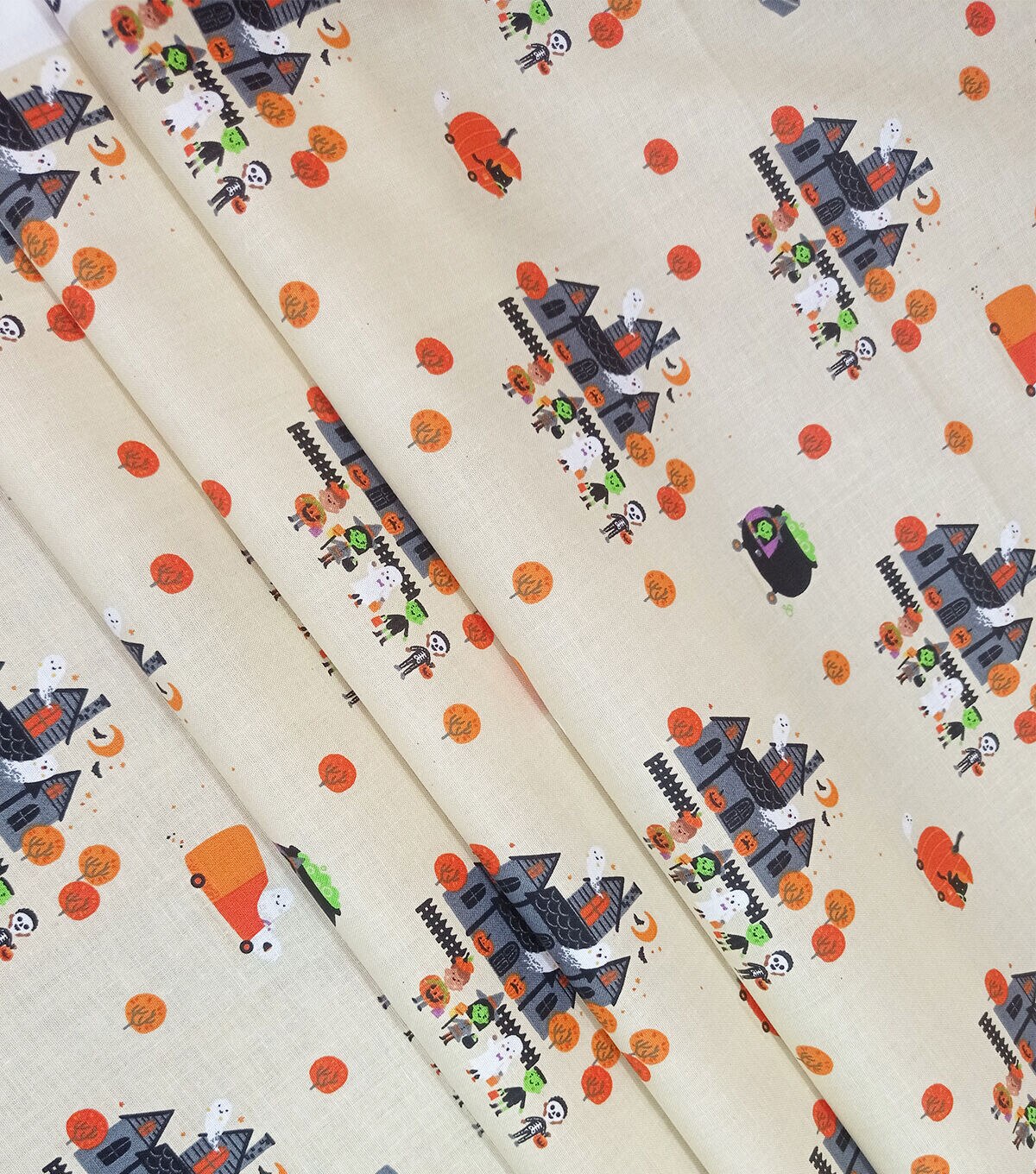 Halloween Haunted House on White Cotton Fabric