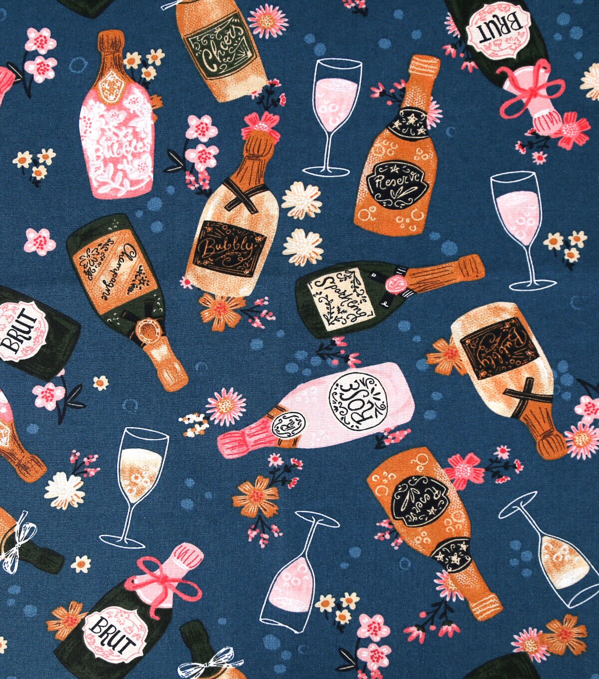 Champagne Flutes & Bottles on Blue Novelty Cotton Fabric