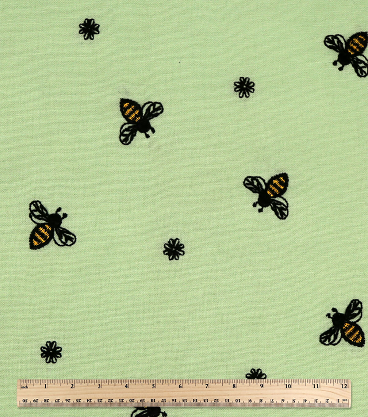 Embroidered Bees on Green Quilt Cotton Fabric by Keepsake Calico