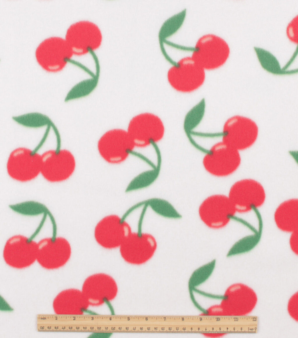 Cherries on White Blizzard Fleece Fabric