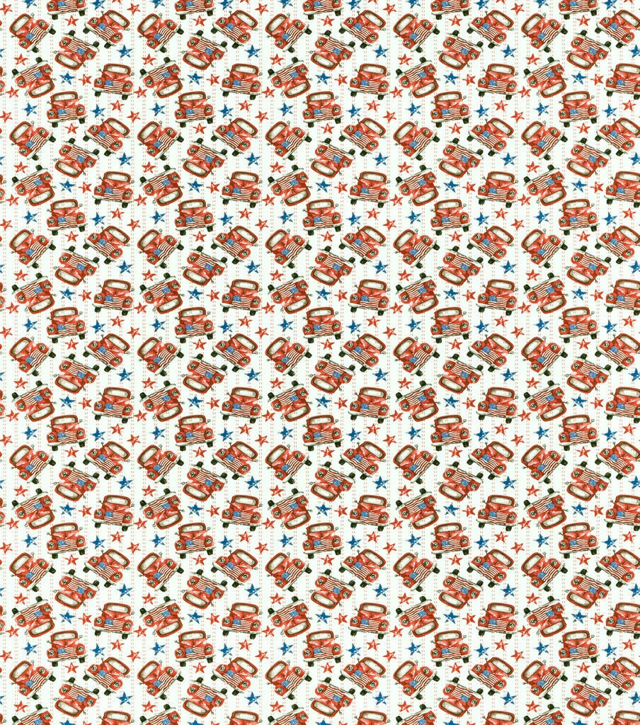 Tossed Red Trucks & Stars Patriotic Cotton Fabric