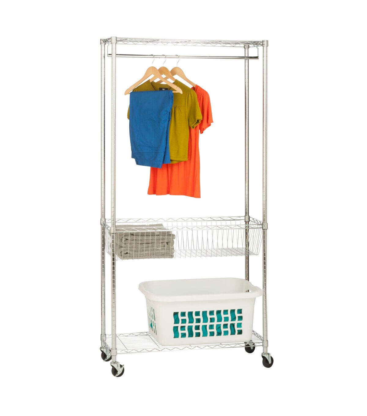 Honey Can Do 36 x 76 Chrome Rolling Laundry Clothes Rack With Shelves