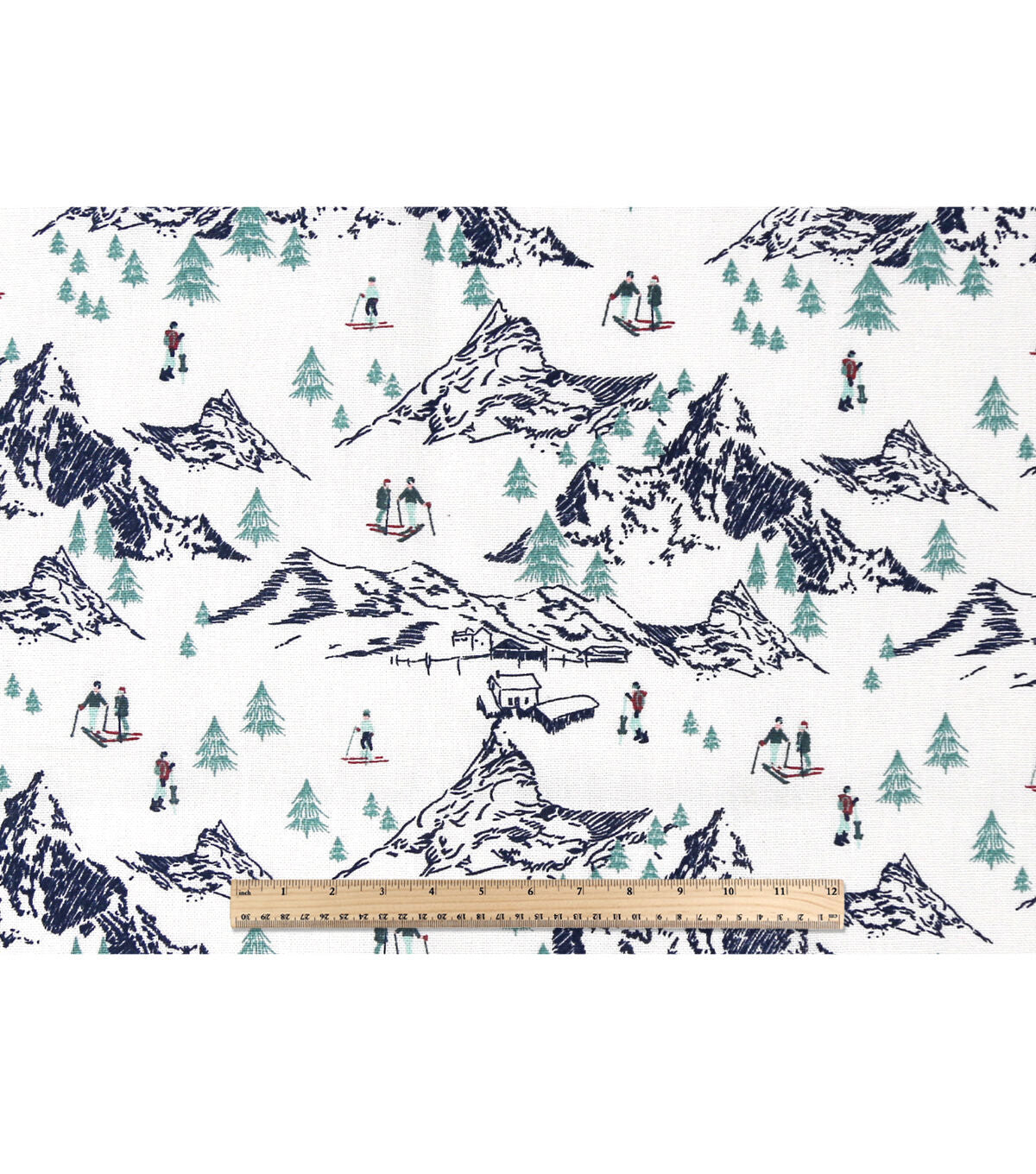 Skiing In The Mountains on White Novelty Cotton Fabric
