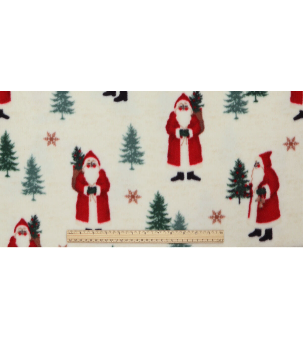 Santa & Pine Trees on White Anti Pill Fleece Fabric