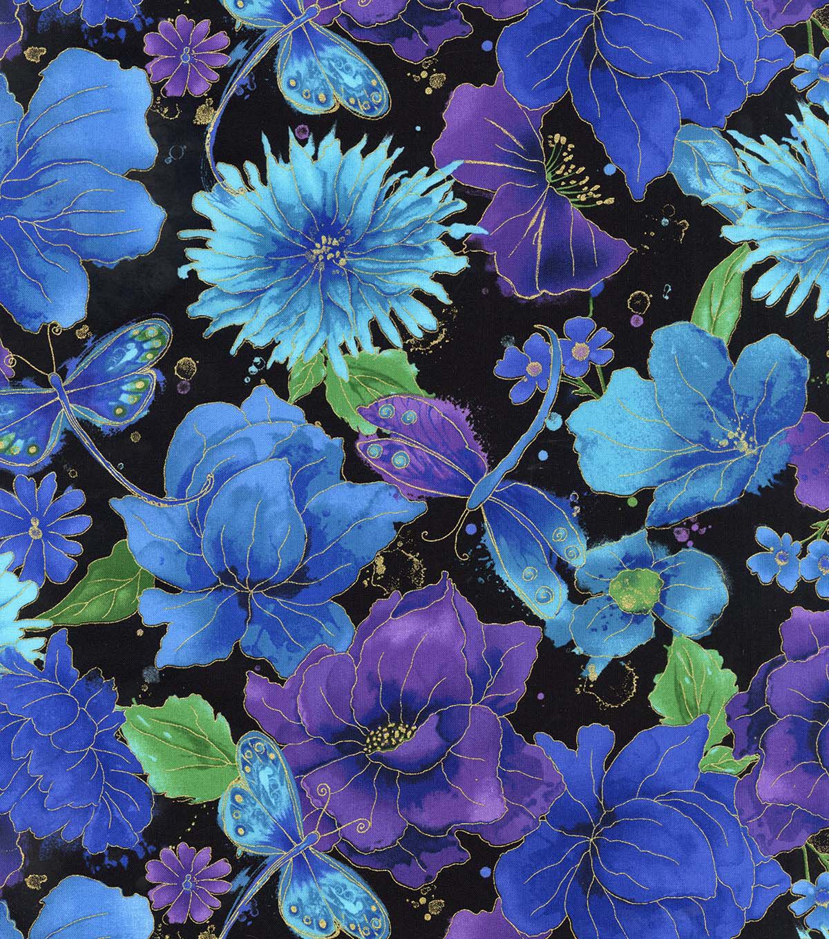 Hi Fashion Floral on Black Premium Metallic Cotton Fabric