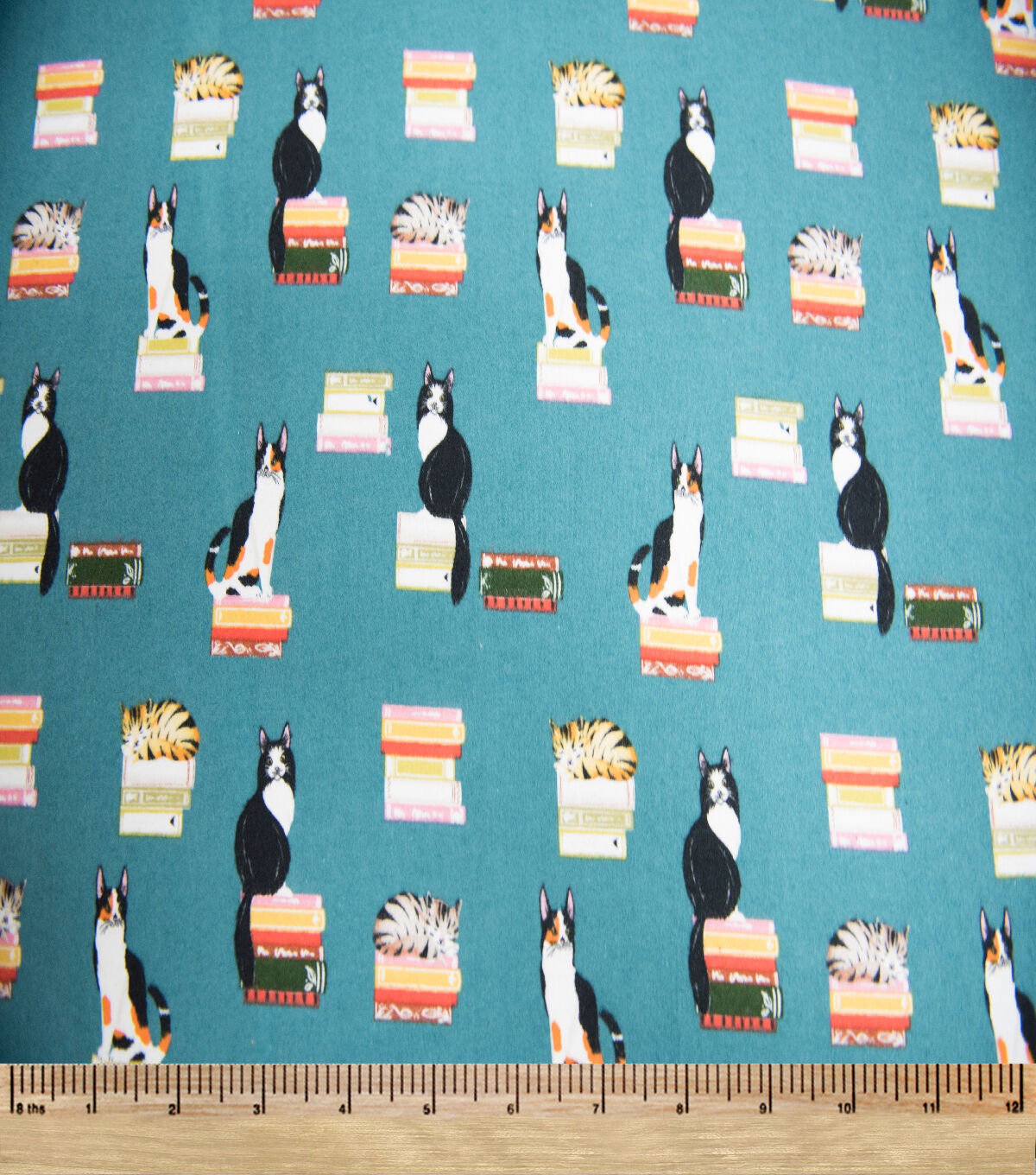 Teal Cats Standing On Books Super Snuggle Flannel Fabric By POP!