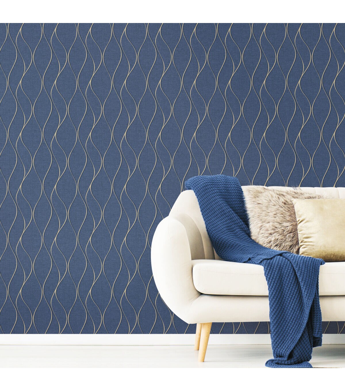 RoomMates Wallpaper Navy Wave Ogee