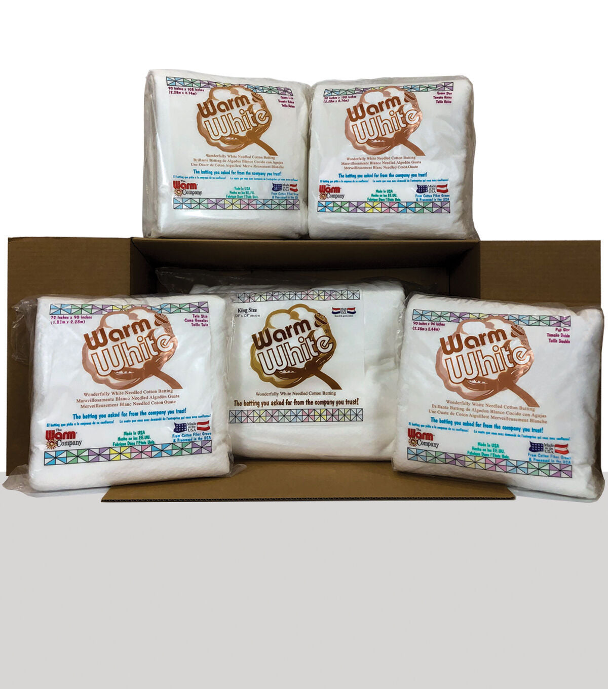 The Warm Company Warm & White Cotton Batting Assortment - 1 King, 2 Queen, 2 Twin