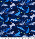 Novelty Cotton Fabric Smiley Sharks Navy