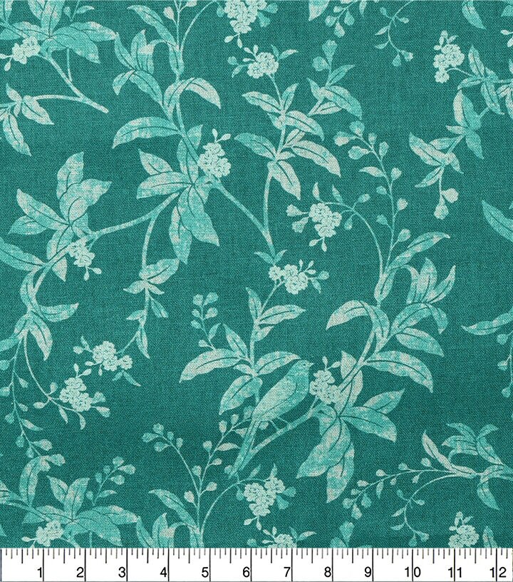 18 x 21 Teal Foliage on Gren Cotton Fabric Quarter by Keepsake Calico