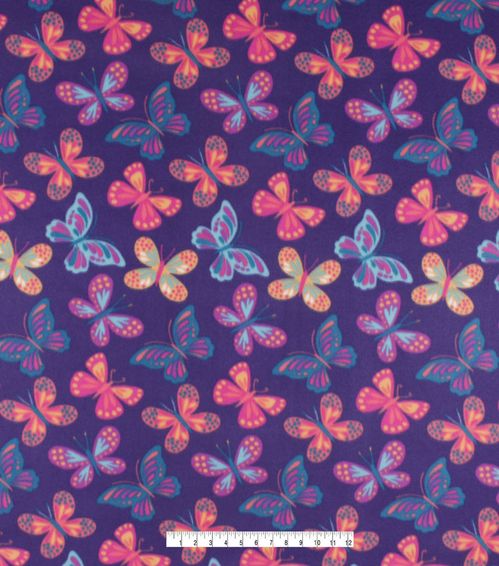 Butterflies on Purple Blizzard Fleece Fabric