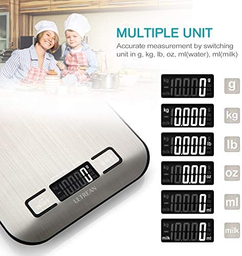 Ultrean Food Scale, Digital Kitchen Scale with LCD Display, Weight Grams and Ounces for Baking Cooking and Meal Prep, 6 Units with Tare Function, 304 Stainless Steel, 11lb (Batteries Included)
