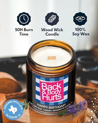 Funny Happy Birthday Candle, Unique Happy Birthday Gifts for Women and Men, Fun Gift Ideas for 30th, 40th, 50th and 60th Birthdays, Back and Body Hurts Candle, Long-Lasting Scent, Gift-Ready