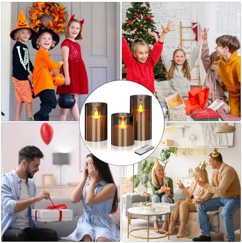 wemarry Flameless Candles 4" 5" 6" Acrylic Glass Pillars 3" Diameter Battery Operated Flickering Candles Include 8-Key Remote with Timer Function 400+ Hours (Gray, Warm Light 3 Pack)