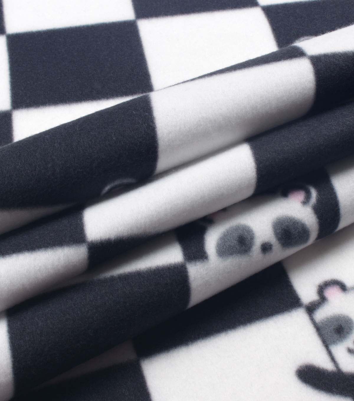 Black & White Checkerboard With Pandas Blizzard Fleece Fabric