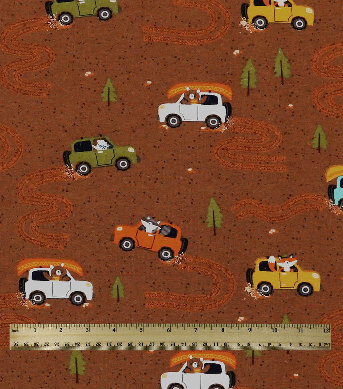 Animals In Camping Cars On Brown Super Snuggle Flannel Fabric by POP!