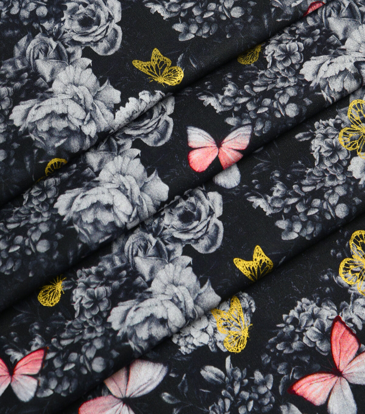 Butterflies & Flowers on Black Premium Metallic Cotton Fabric