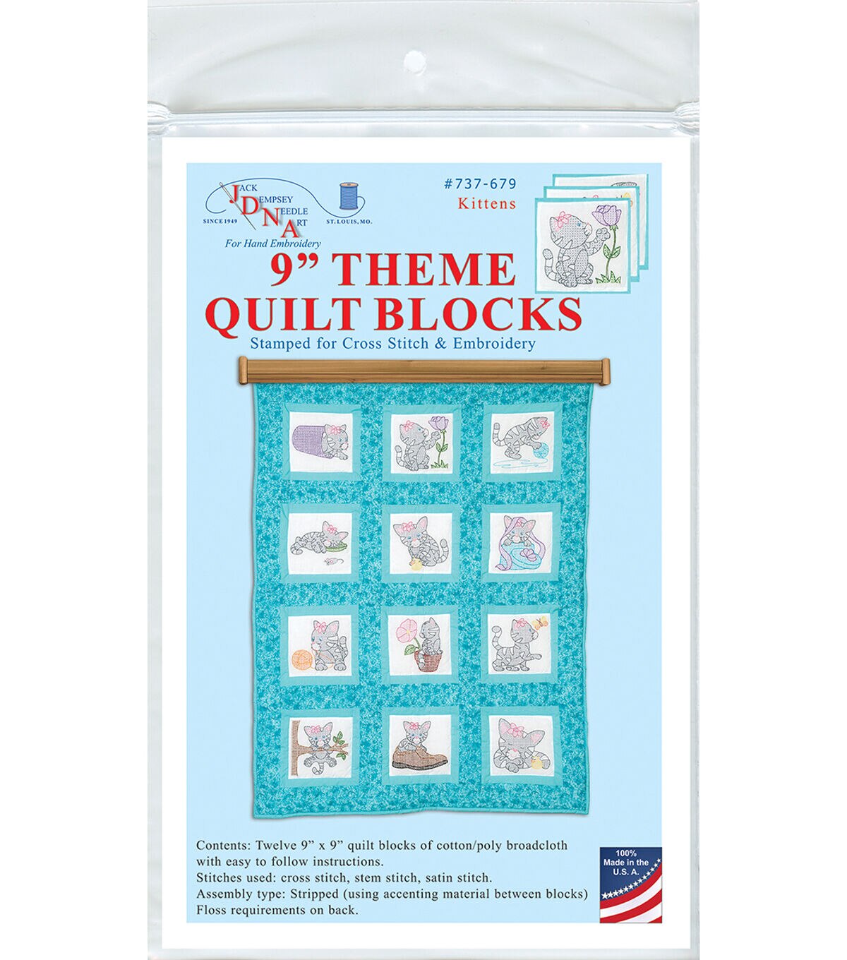 Jack Dempsey 9 Kittens Themed Stamped Quilt Blocks 12ct