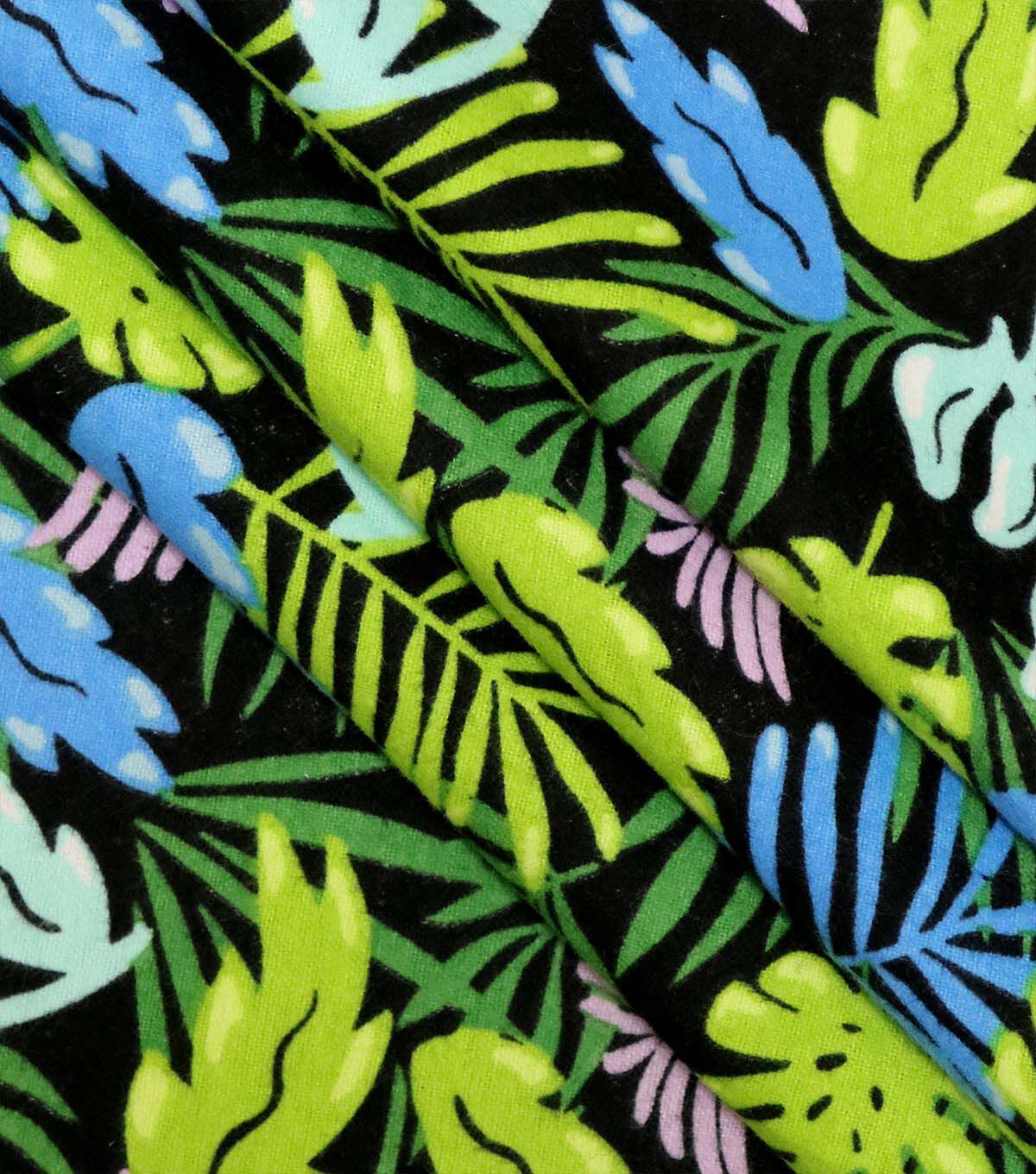 Tropical Leaves on Black Super Snuggle Flannel Fabric