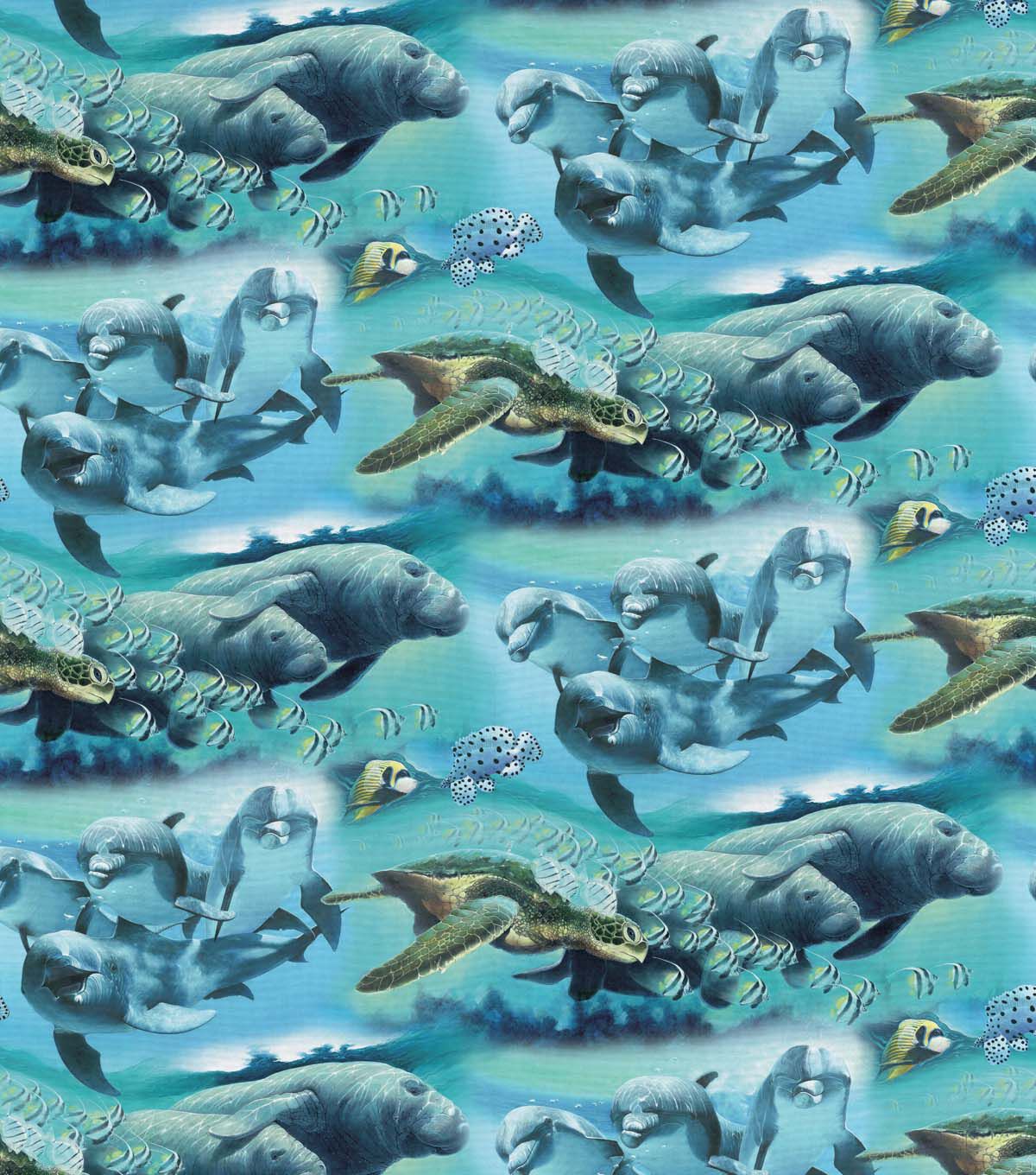 David Textiles Dolphins & Manatees on Blue Novelty Cotton Fabric