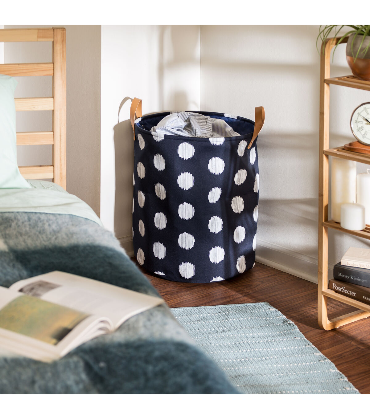 Honey Can Do 17 x 20 Navy & White Polka Dot Portable Laundry Bin