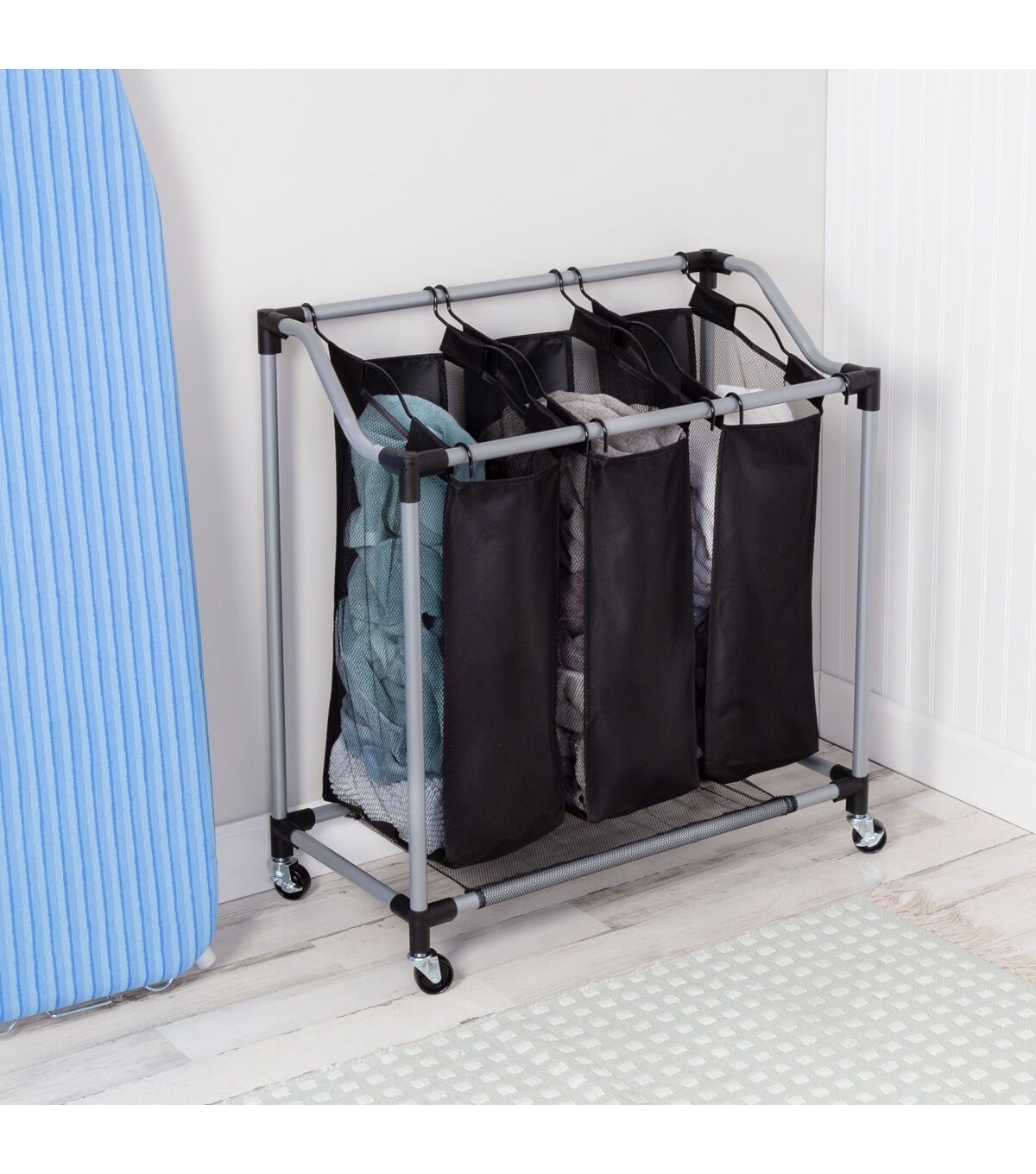 Honey Can Do 33 x 31 Black & Silver Rolling Triple Laundry Sorter