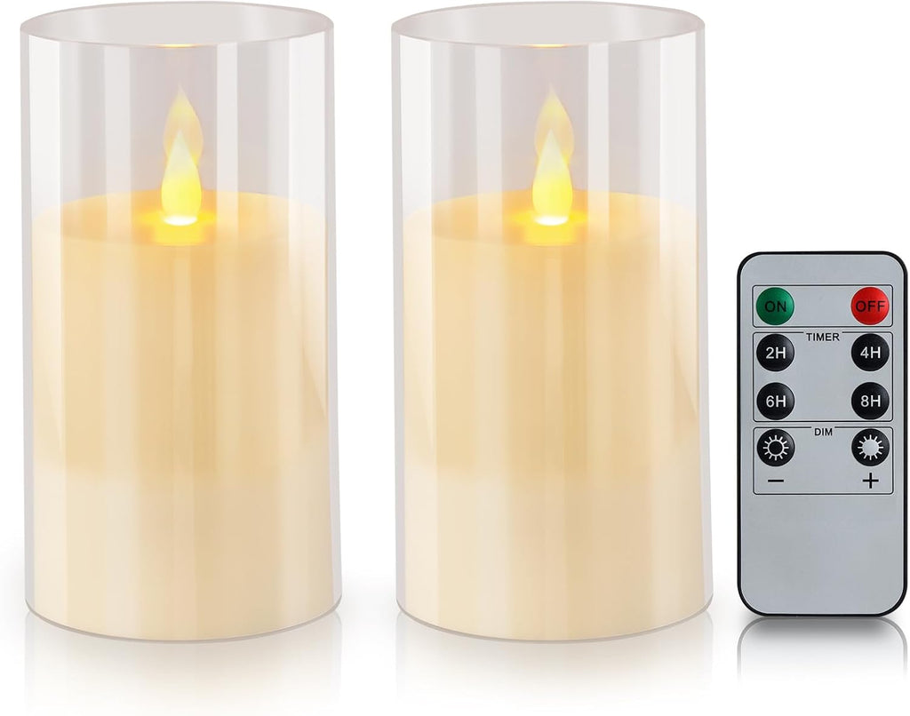 wemarry Flameless Candles 4" 5" 6" Acrylic Glass Pillars 3" Diameter Battery Operated Flickering Candles Include 8-Key Remote with Timer Function 400+ Hours (Gray, Warm Light 3 Pack)