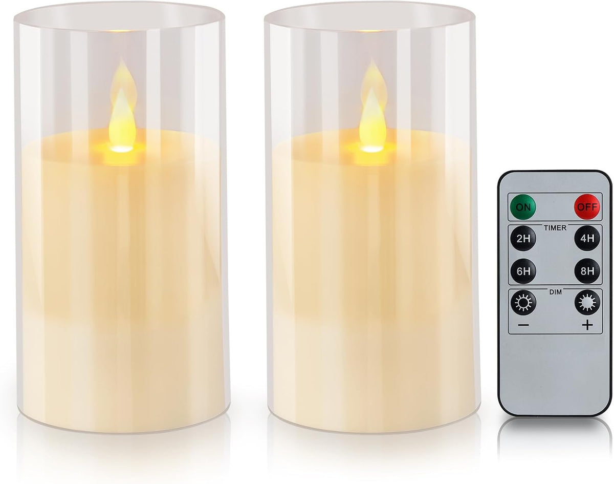 wemarry Flameless Candles 4" 5" 6" Acrylic Glass Pillars 3" Diameter Battery Operated Flickering Candles Include 8-Key Remote with Timer Function 400+ Hours (Gray, Warm Light 3 Pack)