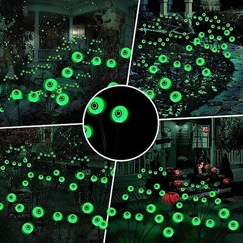BeHiller Halloween Decorations Outdoor Solar Scary Eyeball Lights,2PACKS 12LED Green Eyeball Swaying Firefly Lights,Waterproof Solar Halloween Path Lights for Yard/Garden/Lawn/Party Decor