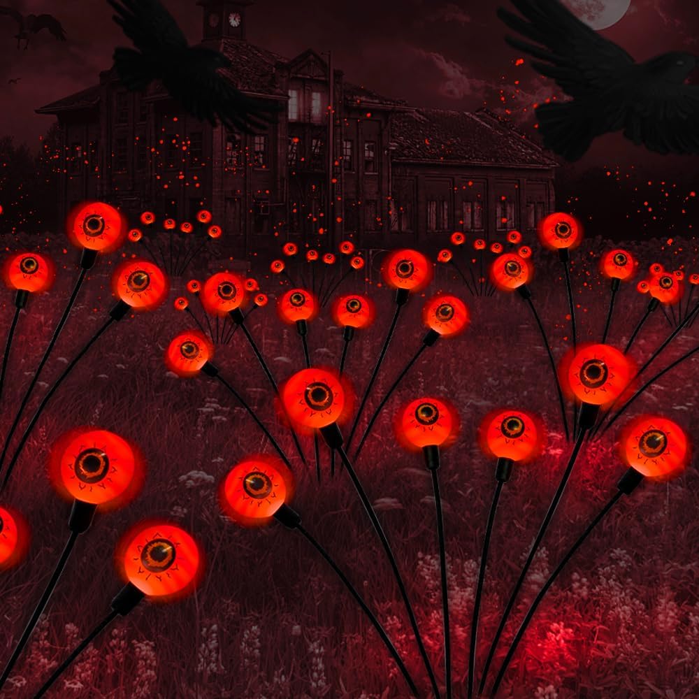 BeHiller Halloween Decorations Outdoor Solar Scary Eyeball Lights,2PACKS 12LED Green Eyeball Swaying Firefly Lights,Waterproof Solar Halloween Path Lights for Yard/Garden/Lawn/Party Decor