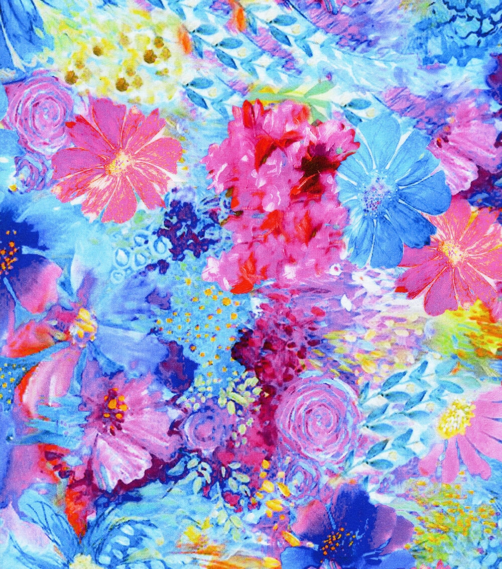 Blue Painted Floral Premium Cotton Fabric