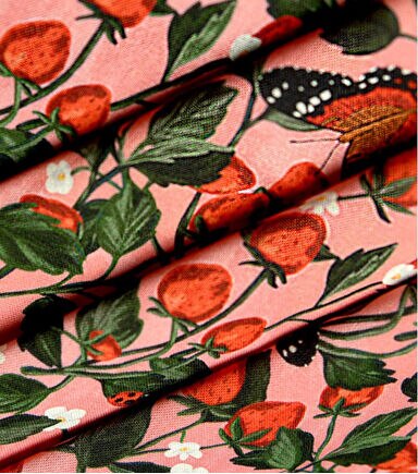 Brent Carlson Strawberry And Butterfly On Pink Quilt Cotton Fabric